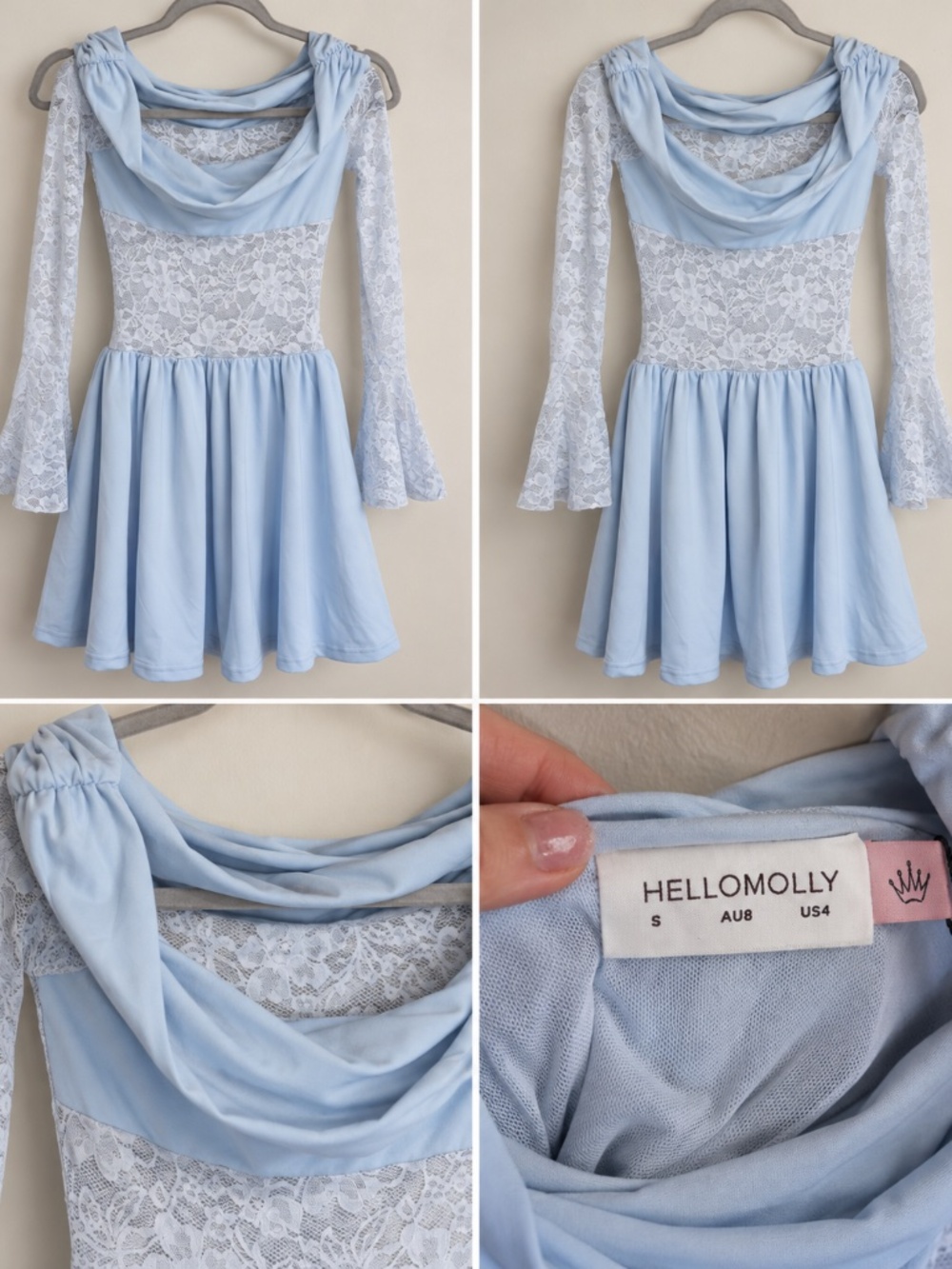 NWT HELLO MOLLY Light Blue Lace Cowl Neck Mini Dress Size S US 4